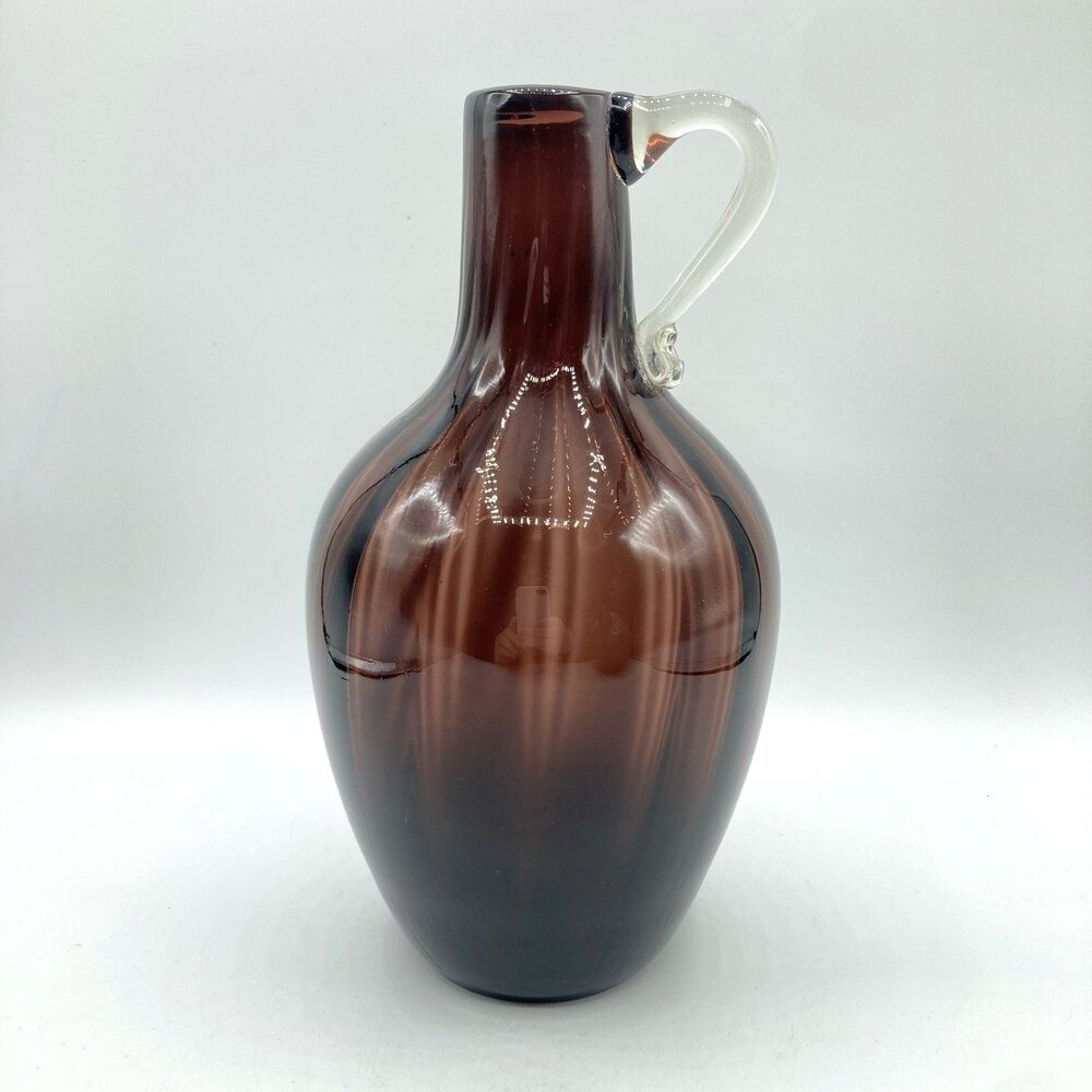 Vtg Handblown Art Glass Amethyst Ribbed Optic Jug Applied Clear Handle 8.75" MCM